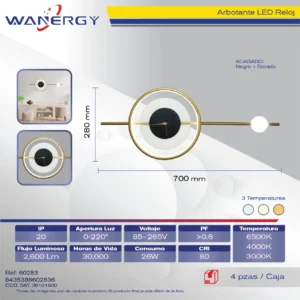 ARBOTANTE LED C/RELOJ TRES TEMPERATURAS METALICO NEGRO BLANCO Y ACRILICO