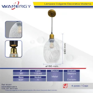 LAMPARA COLGANTE DECORATIVO MODERNO METALICO DORADO+BLANCO