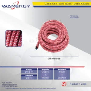 CABLE DE COBRE USO RUDO TEJIDO DOBRE CALIBRE 2*12 25M