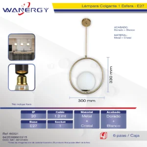 LAMPARA COLGANTE DECORATIVO MODERNO METALICO ORO Y CRISTAL OPALINO