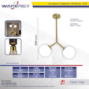 LAMPARA COLGANTE DECORATIVO MODERNO METALICO ORO Y CRISTAL OPALINO