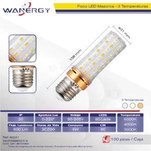FOCO LED MAZORCA 6W 80LED 3 TEMPERATURAS