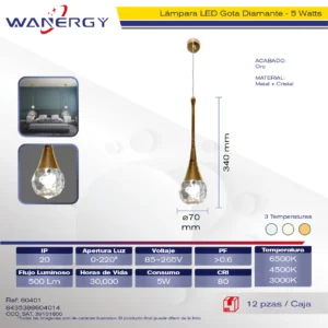 LAMPARA COLGANTE DECORATIVO MODERNO METALICO CRISTAL TRES TEMPERATURAS