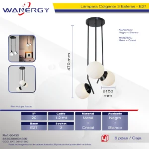 LAMPARA COLGANTE DECORATIVO MODERNO METALICO C/3 GLOBOS CRISTAL