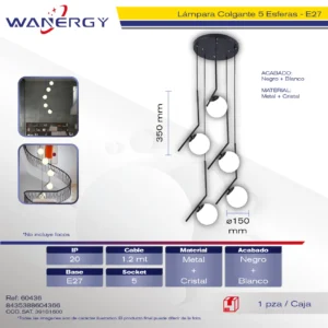 LAMPARA COLGANTE DECORATIVO MODERNO METALICO C/5 GLOBOS CRISTAL