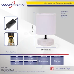 LAMPARA DE BURO CERAMICA 1.5M CABLE CON APAGADOR