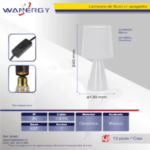 LAMPARA DE BURO CERAMICA 1.5M CABLE CON APAGADOR