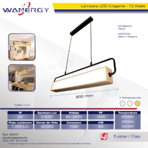 LAMPARA COLGANTE DE TECHO NEGRO Y MADERA TRES TEMPERATURAS