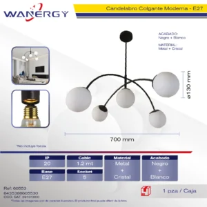 CANDELABRO DE TECHO 5 ESFERAS METALICO Y CRISTAL