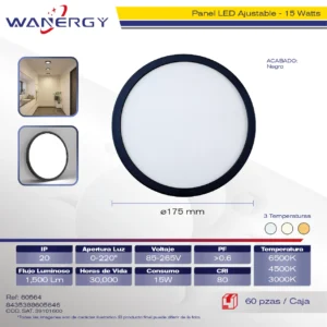 PANEL REDONDO AJUSTABLE 15W MARCO NEGRO TRES TEMPERATURAS