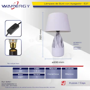 LAMPARA DE BURO CERAMICA 1.50M CABLE CON APAGADOR