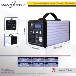 FUENTE DE ALIMENTACION PORTATIL 300W/H CON LUZ BATERIA DEFOSFATO DE HIERRO LITIO 12.8V10AH DC12V5A