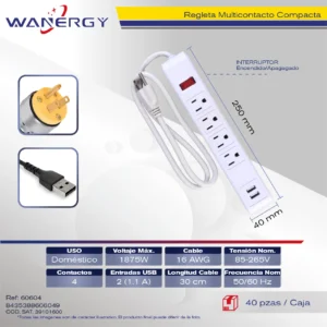 Regleta Multicontacto Compacta 4 tomas de corriente USB 1.1A DUPLEX ABS material Con interruptor ON/OFF Calibre 16AWGX3C Cable 1M
