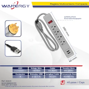 Regleta Multicontacto Compacta 4 tomas de corriente USB 2.1A DUPLEX ABS material Con interruptor ON/OFF Cable calibre 16AWGX3C Calibre 1M