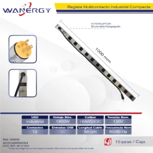Regleta Multicontacto Industrial Compacta 0.9 M 12 tomas de corriente PP material Con interruptor ON/OFF Calibre 16AWGX3C(CCA) Cable 1M