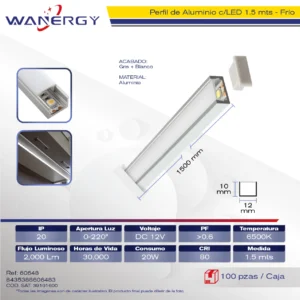 PERFIL C/LED ALUMINIO 20W 1.5M DC12V 6500K - - 1.5 / 120D/ 1