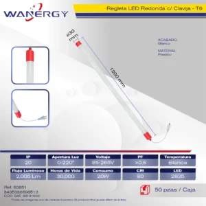 REGLETA LED REDONDA 20W PLASTICO T8 1.2M LED2835 CON CLAVIJA