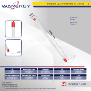 REGLETA LED REDONDA 20W PLASTICO T8 1.2M LED2835 CON CLAVIJA
