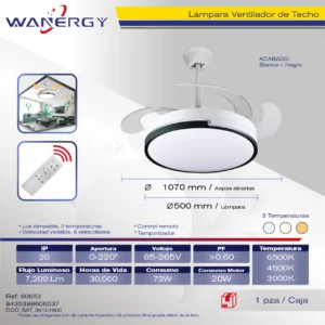 LAMPARA VENTILADOR DE TECHO 4 HOJAS ARO BLANCO 4 TEMPERATUTAS 6 VELOCIDADES LUZ DIMEABLE C/TEMPORIZADOR C/CONTROL