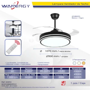LAMPARA VENTILADOR DE TECHO 4 HOJAS ARO NEGRO 3 TEMPERATUTAS 6 VELOCIDADES LUZ DIMEABLE C/TEMPORIZADOR C/CONTROL