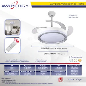 LAMPARA VENTILADOR DE TECHO 4 HOJAS ARO BLANCO 3 TEMPERATUTAS 6 VELOCIDADES LUZ DIMEABLE C/TEMPORIZADOR C/CONTROL