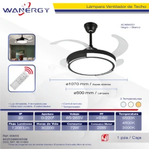 LAMPARA VENTILADOR DE TECHO 4 HOJAS ARO NEGRO 3 TEMPERATUTAS 6 VELOCIDADES LUZ DIMEABLE C/TEMPORIZADOR C/CONTROL