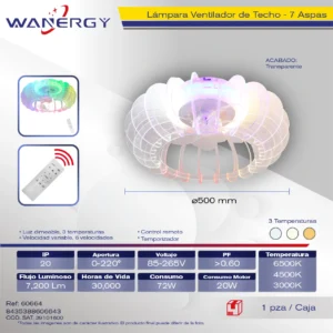 LAMPARA VENTILADOR DE TECHO CON BOCINA 7 HOJAS ARO TRANSPARENTE LUZ RGB 6 VELOCIDADES LUZ DIMEABLE C/TEMPORIZADOR C/CONTROL