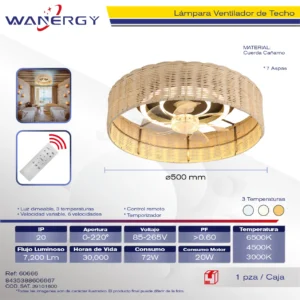 LAMPARA VENTILADOR DE TECHO 3 HOJAS ARO SOGA 3 TEMPERATURAS 6 VELOCIDADES LUZ DIMEABLE C/TEMPORIZADOR C/CONTROL