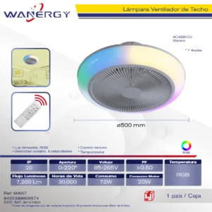 LAMPARA VENTILADOR DE TECHO 7 HOJAS ARO OPALINO LUZ RGB 6 VELOCIDADES LUZ DIMEABLE C/TEMPORIZADOR C/CONTROL