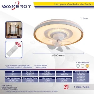 LAMPARA VENTILADOR DE TECHO 7 HOJAS ARO BLANCO DORADO LUZ 3 TEMPERATURAS 6 VELOCIDADES LUZ DIMEABLE C/TEMPORIZADOR C/CONTROL