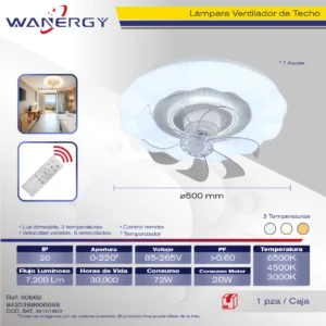 LAMPARA VENTILADOR DE TECHO 7 HOJAS ARO BLANCO LUZ 3 TEMPERATURAS 6 VELOCIDADES LUZ DIMEABLE C/TEMPORIZADOR C/CONTROL
