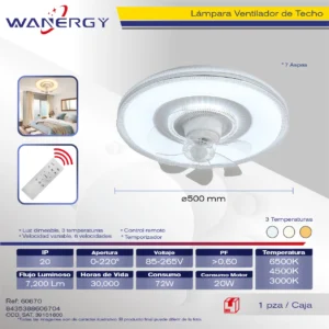 LAMPARA VENTILADOR DE TECHO 7 HOJAS ARO BLANCO SATIN LUZ 3 TEMPERATURAS 6 VELOCIDADES LUZ DIMEABLE C/TEMPORIZADOR C/CONTROL