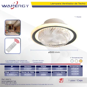 LAMPARA VENTILADOR DE TECHO 7 HOJAS ARO NEGRO DORADO LUZ 3 TEMPERATURAS 6 VELOCIDADES LUZ DIMEABLE C/TEMPORIZADOR C/CONTROL