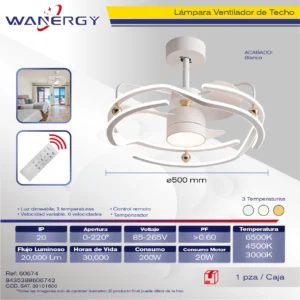 LAMPARA VENTILADOR DE TECHO 7 HOJAS ARO BLANCO LUZ 3 TEMPERATURAS 6 VELOCIDADES LUZ DIMEABLE C/TEMPORIZADOR C/CONTROL