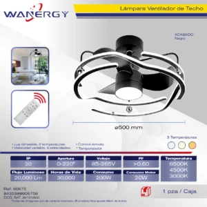 LAMPARA VENTILADOR DE TECHO 7 HOJAS ARO BLANCO LUZ 3 TEMPERATURAS 6 VELOCIDADES LUZ DIMEABLE C/TEMPORIZADOR C/CONTROL