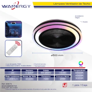 LAMPARA VENTILADOR DE TECHO 7 HOJAS ARO OPALINO LUZ RGB 6 VELOCIDADES LUZ DIMEABLE C/TEMPORIZADOR C/CONTROL