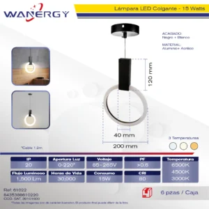 LAMPARA COLGANTE DECORATIVO MODERNO ALUMINIO NEGRO Y ACRILICO 3 TEMPERATURAS