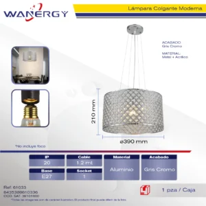 LAMPARA COLGANTE DECORATIVO MODERNO METALICO Y ACRILICO