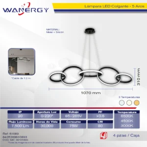 LAMPARA COLGANTE DECORATIVO MODERNO 5 ANILLOS METALICO Y SILICON TRES TEMPERATURAS