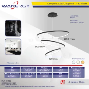 LAMPARA COLGANTE DE TECHO 3 AROS LED TRES TEMPERATURAS ALUMINIO Y SILICON