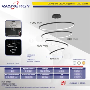 LAMPARA COLGANTE DE TECHO 4 AROS LED TRES TEMPERATURAS ALUMINIO Y SILICON