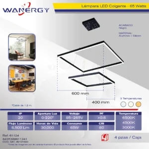 LAMPARA COLGANTE DE TECHO 2 CUADRADOS LED TRES TEMPERATURAS ALUMINIO Y SILICON