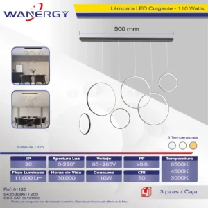 LAMPARA COLGANTE DE TECHO 3+3 AROS LED TRES TEMPERATURAS ALUMINIO Y SILICON