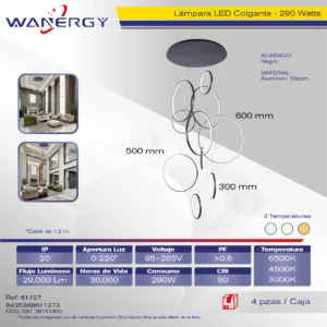 LAMPARA COLGANTE DE TECHO 2+3+5 AROS LED TRES TEMPERATURAS ALUMINIO Y SILICON