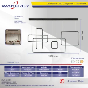 LAMPARA COLGANTE MODERNA DE TECHO 5 CUADRADOS LED TRES TEMPERATURAS METAL Y SILICON