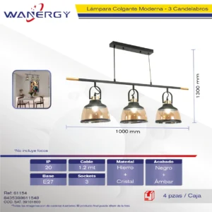 LAMPARA COLGANTE MODERNA DE TECHO 3 CANDELABROS METAL Y CRISTAL