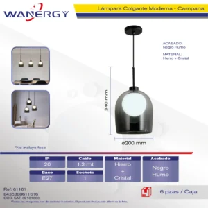 LAMPARA COLGANTE MODERNA CAMPANA NEGRO HUMO METAL Y CRISTAL