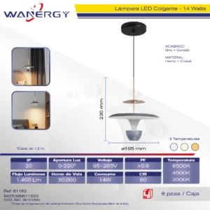 LAMPARA COLGANTE MODERNA NEGRO Y BLANCO TRES TEMPERATURAS METAL Y CRISTAL