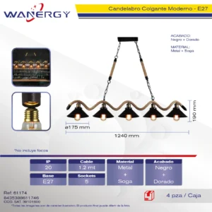 LAMPARA COLGANTE 5 LUCES DECORATIVO MODERNO TEJIDA SOGA