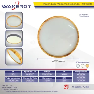 PLAFON LED TECHO MODERNO REDONDO TIPO MADERA TRES TEMPERATURAS 18W :